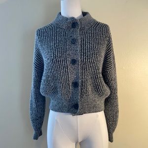 Charcoal Gray Ribbed Knit High Neck Button Through Sweater